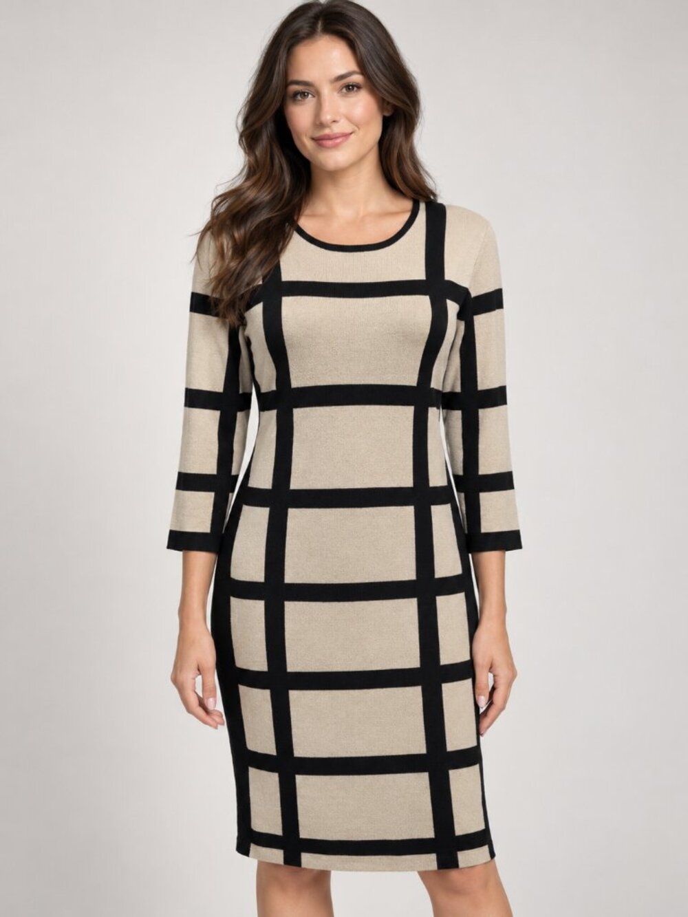 Liz Claiborne L Black Beige Grid Print Knit Midi Dress Minimalist 3/4 Sleeve